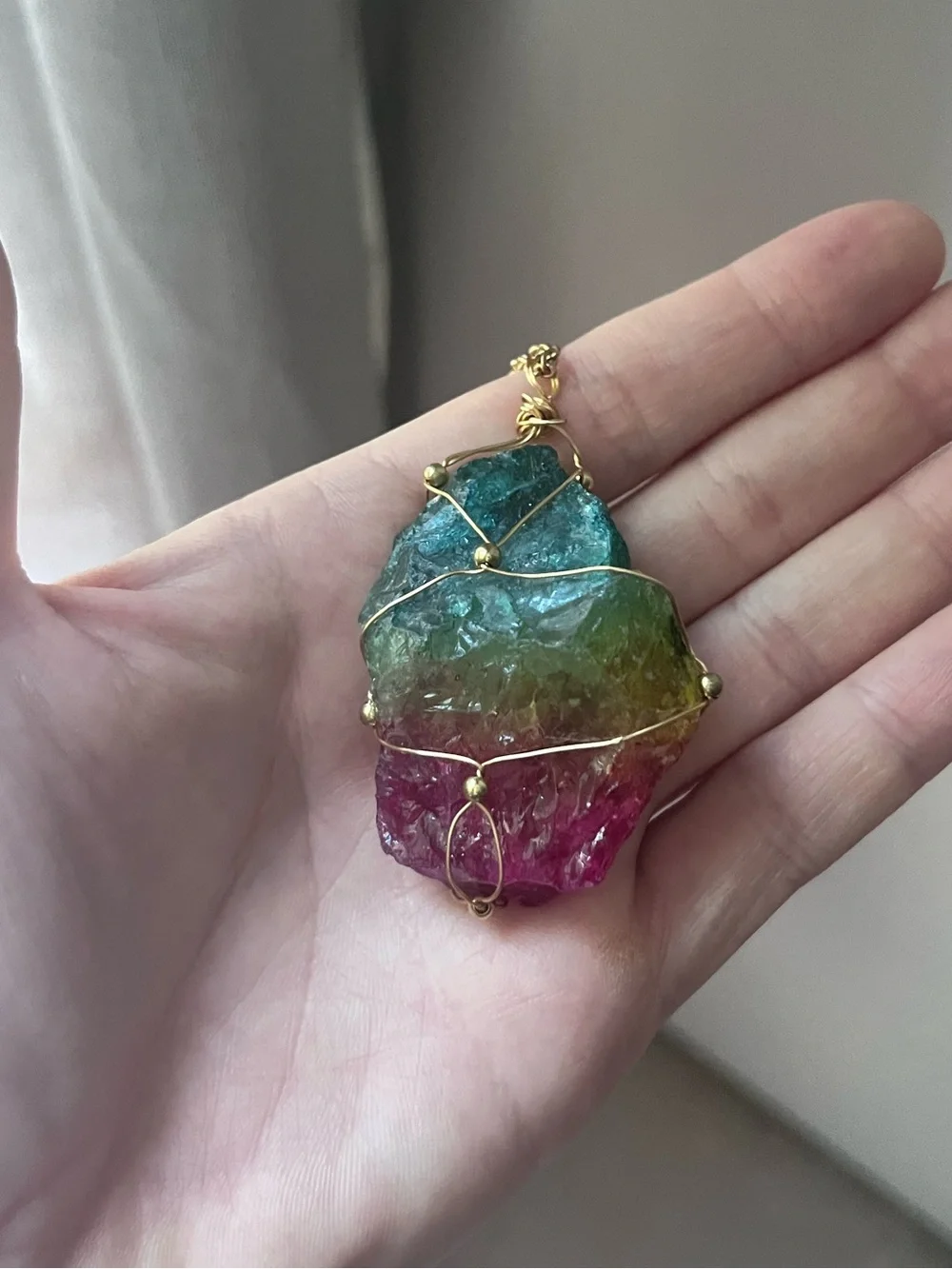 DYED QUARTZ raw cut wire wrapped natural stone pendant necklace gold chain NEW